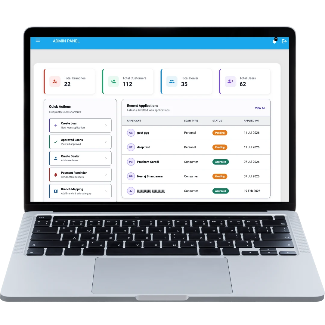Finance Munshi loan-management dashboard on a laptop